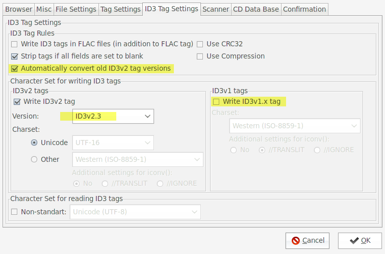EasyTAG Cowon settings easytag-settings