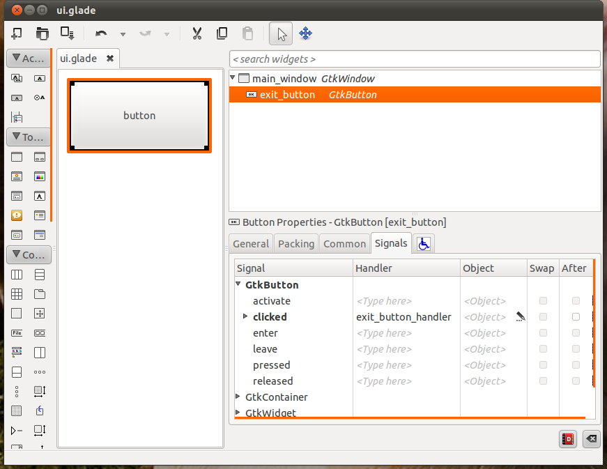 The UI inside Glade glade-interface-example